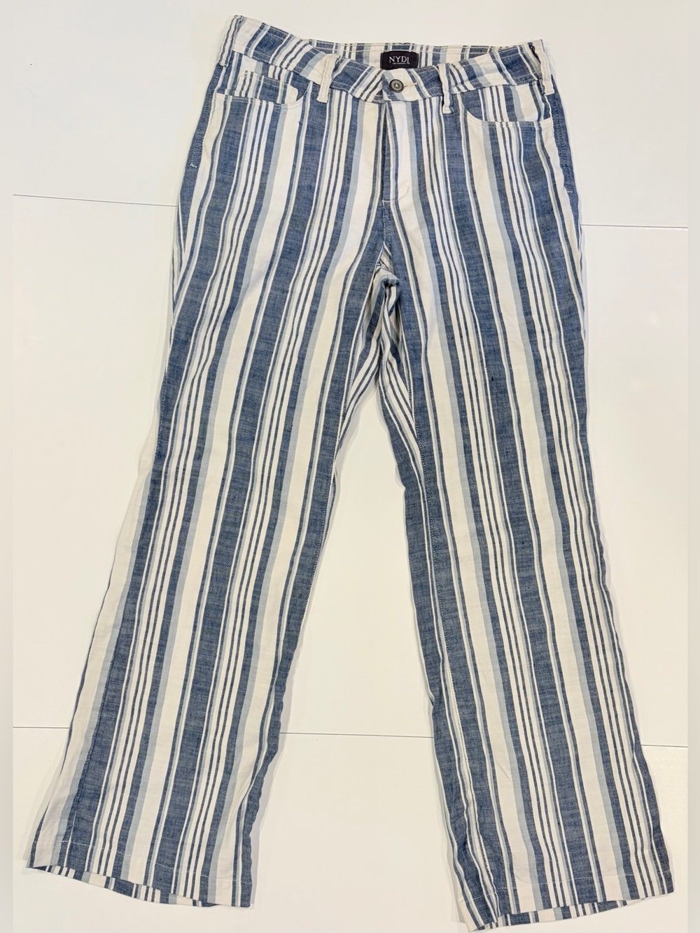 NYDJ Linen Blend Blue & White Vertical Striped Trousers - Size 6
